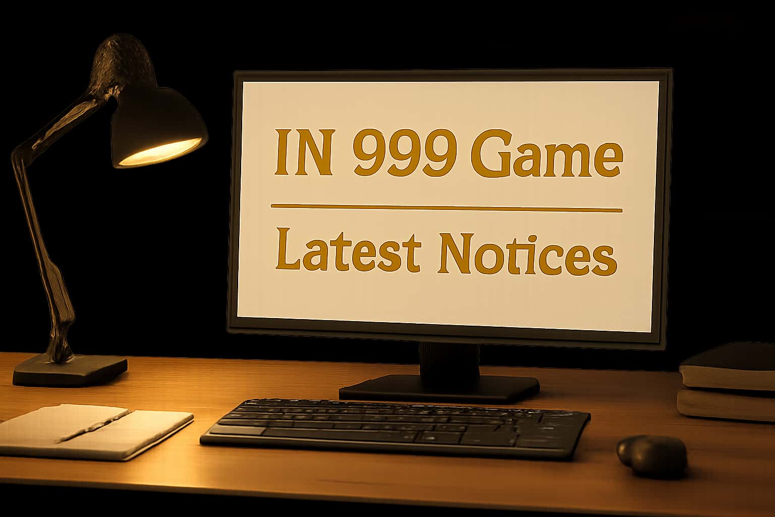 An informational graphic displaying the text 'Latest IN 999 Game Notices' in a high-tech style.