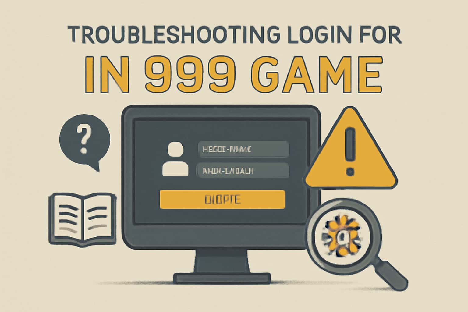 An informational scene depicting troubleshooting processes for IN 999 Game logins.